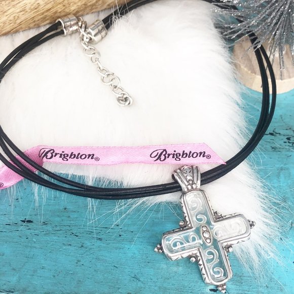 Brighton Clear Large Cross Silver Leather Necklace
